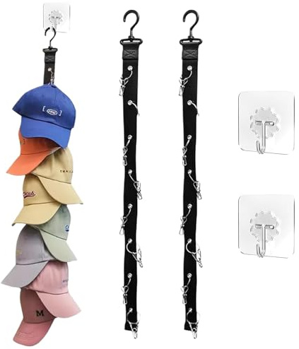 Ulvironte 2 Pieces Hat Storage, Hat Rack for Wall, Baseball Cap Storage with 16 Stainless Steel Clips and 2 Self Adhesive Hooks, Practical Hats Rack for Door Closet Hats Storage Display (Black)