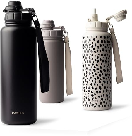 MAMEIDO Thermosflasche mit Strohhalm 700 ml, auslaufsichere Trinkflasche Edelstahl isoliert, Wasserflasche mit Trageschlaufe, Isolierflasche BPA-frei (Rich Black)