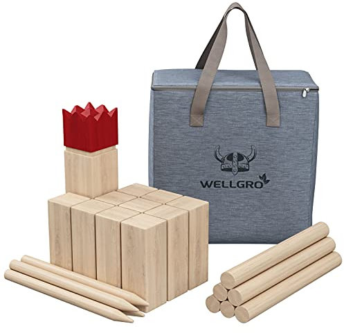 WELLGRO XL Kubb Spiel - 2-12 Spieler, massiv Holz, roter König, Wikingerspiel inkl. Spielanleitung, Tasche - Schwedenschach Rasenschach Wurfspiel