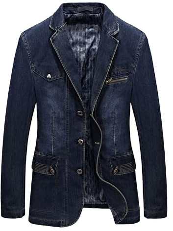 SWJGLITTR Mens Three Button Denim Suit Jacket Slim Fit Autumn Blazer Sport Coat Lapel Vintage Jean Suits Jackets, Dark Blue, XL