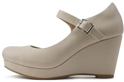 Soda Merry ~ Womens Mary Jane Strap Comfortable Platform Wedge Pump Heel Shoes (Nude Pu, US Footwear Size System, Adult, Women, Numeric, Wide, 10)