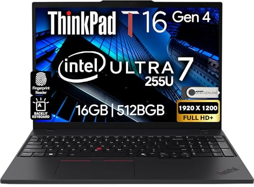 Lenovo ThinkPad T16 Gen 4 AI Business Laptop 16” FHD+ Display, Intel Ultra 7 255U (Beats i7-1355U), 16GB DDR5 RAM, 512GB SSD, 5MB Webcam, Fingerprint, Backlit KB, WiFi 6E + BT, RJ-45, HDMI, Win 11 Pro