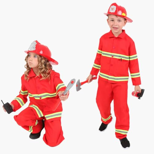 RUBIE'S Komplett brandmansdräkt – storlek 8–10 år – denna kompletta brandmansdräkt med långärmad jacka, byxor, brandmanshjälm, brandsläckare, walkie-talkie och yxa.