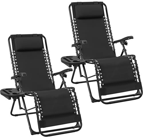 Yaheetech 2er Set Sonnenliege Liegestuhl Klappbar Gartenliege mit Kopfkissen & Becherhalter Tragbare Relaxliege für Strand/Garten/Balkon, Schwarz
