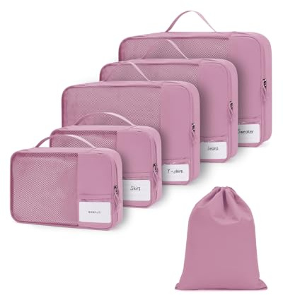 ECOHUB 6 Piezas Organizador Para Maletas, Organizadores De Viaje Con Etiqueta, Packing Cubes Recicladas Para Mochilas, Organizadores De Embalaje De Equipaje De Malla Antidesgarro(Rosa)