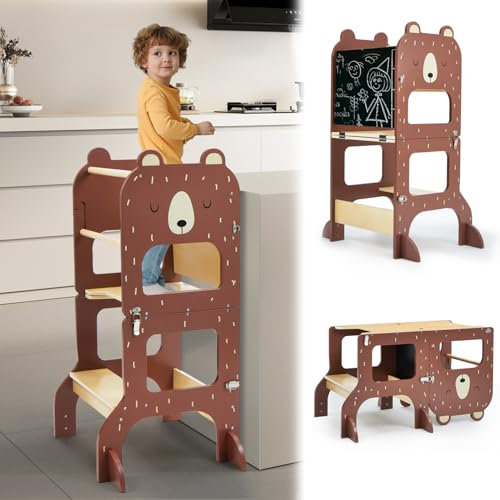 labebe lernturm ab 1 Jahr, Großformat Montessori Lernturm klappbar, 3 in 1 Multifunktion Learning Tower mit Zeichnung Kreidetafel-brauner Bär