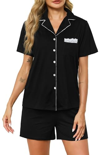 Lovasy Pyjama Coton Femme Été Short Ensemble Pyjamas en Dentelle Fleurs Ondulées Légers Col V Manches Courtes Chic 2 Pièces Vêtements de Nuit Court Boutonnée A Noir XL