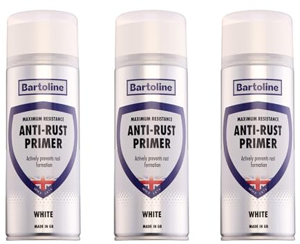 Bartoline Anti-Rust Primer White Spray Paint 400ml – 3 Pack Rust-Resistant Primer for Metal Strong Adhesion to Steel, Iron & Aluminium Matte Finish Fast-Drying