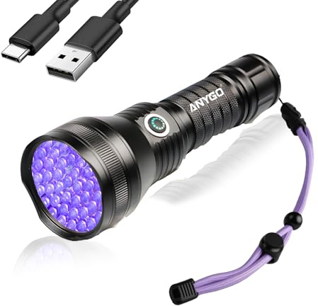 ANYGO 51 LED Rechargeable Black Light Flashlight, 395nm UV Flashlight, Portable Ultraviolet Pet Urine Detector for Dog Cat Stains, Bed Bugs, Scorpions, Resin Curing, Battery Included