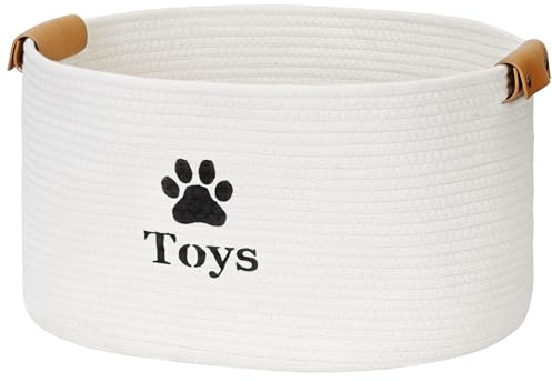 Jumpress Dog Toy Basket Large, Quality Cotton Rope Dog Toy Storage with Handles, Durable Dog Toy Bin Box for Organizing Pet Supplies, Pet Toys, Collars, Leashes & Accessories (Beige,18’’x13’’x10’’)