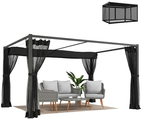 Outsunny Pérgola de Jardín 3x4 m con Techo Retráctil, UPF30+, Gris Oscuro