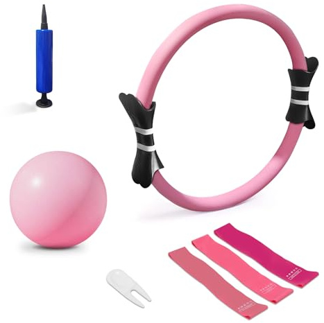 Pilates Ring Set, 14Inch Magic Circle, 9 inch Exercise Ball, 3 Resistance Bands (10/20/30 lbs), Home and Travel Pilates Equipment Kit for Toning, Strength & Flexibility