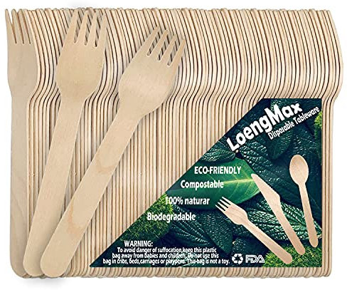 LoengMax Disposable Wooden Forks-100PCS 6 Length-Wood Cutlery Wooden Utensils