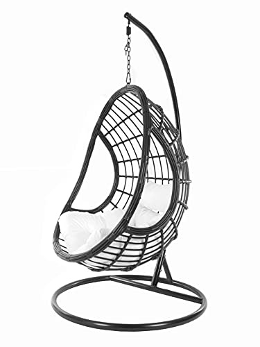 KIDEO® Silla colgante grande con estructura y cojines, polirratán negro (cojines: Chesterstepp blanco [1000 Snow])