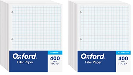 Oxford Loose Leaf Paper, Filler Paper Notebook Paper, 8-1/2 x 11, Graph Rule (4x4), 3-Hole Punched, 800 Sheets for 3 Ring Binders, 2 Packs of 400, White (62333)