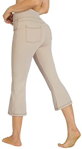 G4Free Activewear byxor för kvinnor med 4 fickor, capribyxor, sommarjeans, hög midja, yogabyxor, träning, slagbyxor, fitness, arbete, sportbyxor, Capris-khaki-a107, S