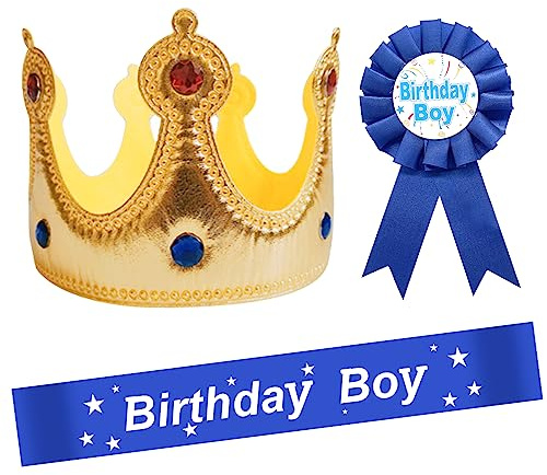 LLMSIX Birthday Party Set - King Crown, Sash, Decorations, Photo Props for Boys Kids Theme