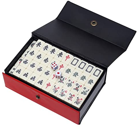 Supatmul Jeu Mahjong Chinois, Jeux Mah-Jong Traditionnels avec 144 tuiles, 2 dés et étui Transport, pour Jeux Style Chinois, Loisirs en