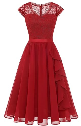 Wedtrend Vestido de noche elegante para boda, Vestido de Fiesta, con volantes, vestido de cóctel, largo hasta la rodilla, rojo, M