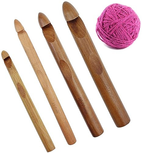 4 PCS Wooden Crochet Hooks,12/15/20/25mm Giant Crochet Hook Handcrafted Knitting Needles,Ergonomic Handle Knitting Crochet Needle Set for Beginner Thick Fabric Chunky Yarn Craft
