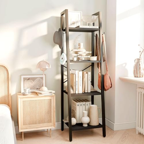 YMYNY Bücherregal, Leiterregal, DIY Standregal 4 Ebenen, Stabilen X-Metallrahmen, Industriestil, Multifunktionales Holz Regal für Wohnzimmer, Büro, Balkon, Schwarz HBC024B