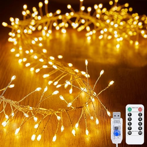 KINGCOO 3M 100LED Luci di Stringa Grappolo con Timer Telecomando,Argento Filo Fuoco d'artificio Fate Catena Luminosa USB Alimentato per Giardino Matrimoni Esterno Interno Festa Natale (Bianco caldo)
