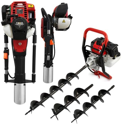 T-Mech Dream Team: Trivella per Lavori Pesanti e Scavabuche a Benzina - Motore da 3HP, 3 Punte, Valigetta e Kit di Sicurezza Inclusi - Ideale per Scavi Profondi e Infissione di Pali