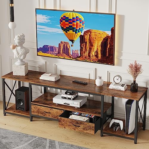 GYIIYUO TV Stand with Fabric Drawer - Entertainment Center and Industrial TV Console Table with Open Storage Shelves for Living Room, Bedroom - 55.1 Rustic Brown