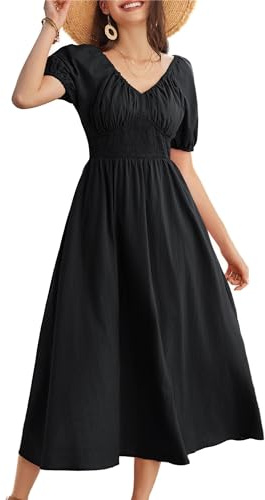 GRACE KARIN Women Black Maxi Dress Short Sleeve Smock Ruched V Neck High Waist Flowy Casual Beach Vocation Summer Dresses S