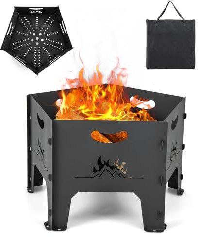 COSTWAY Brasero Extérieur Pliable de 49 cm avec Sac de Rangement, Foyer à Bois Pentagona Portatif en Acier au Carbone, pour Camping Arrière-Cour Patio, Noir