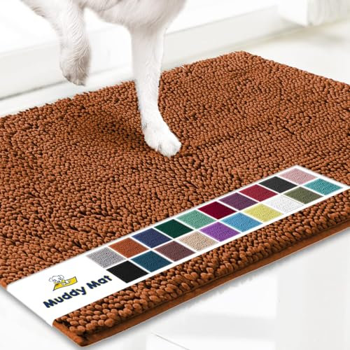 Muddy Mat® AS-SEEN-ON-TV Highly Absorbent Microfiber Dog Door Mat and Pet Rug, Non Slip Thick Washable Area and Bath Mat Soft Chenille for Kitchen Bathroom Bedroom and Indoor - Orange Large 35X24