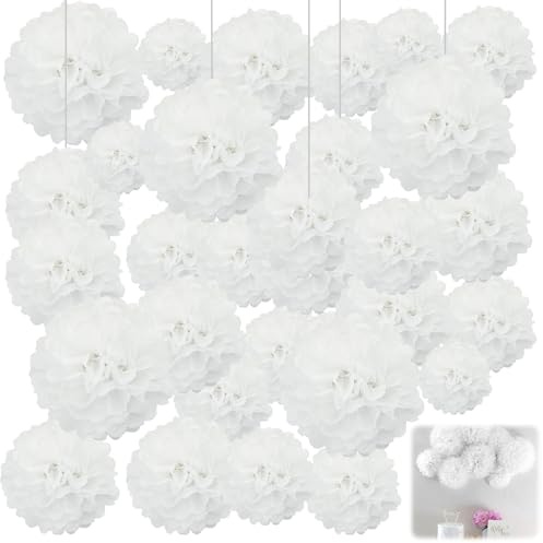 NINGYER 30 Pezzi Fiori di Carta, Pon Pon Carta Bianca, Pompon di Cartas Velina Adatto per Feste di Compleanno, San Valentino, Matrimoni, Feste a Tema (4 Misure)
