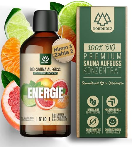 NORDHOLZ® Saunaaufguss BIO #18 Energie intensiv & authentisch [100% Naturreine Bio Öle] Sauna Aufguss Konzentrat mit Limette, Mandarine & Grapefruit - Manufaktur aus Bayern