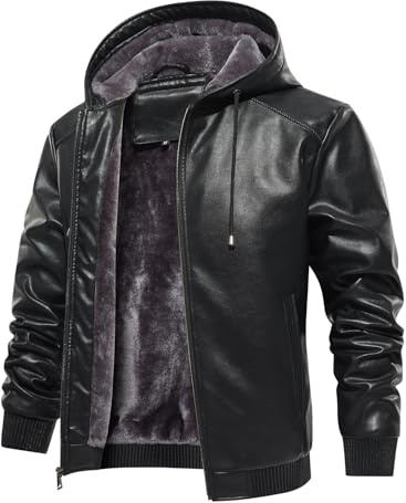 FANARCHER Men’s Faux Leather Jacket Fleece Padded Bomber Motorcycle Jacket with Hood, Black, 3XL