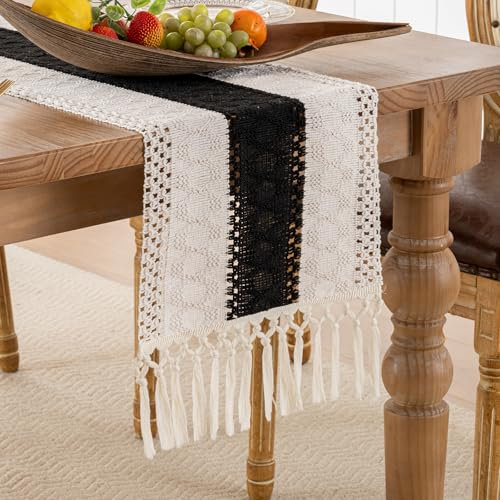 Camino de Mesa Moderno de Algodón y Lino Negro con Borlas Hechas a Mano Camino de Mesa de Macramé, Estilo Rústico para Cocina Boda Fiesta Comedor, 30 x 180 cm