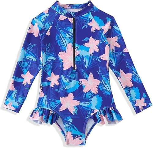 HPSOM Girls Swimsuit Kids Long Sleeve One Piece Swimwear Zipper Bathing Suit UV Protection Toddler Girl Rash Guard Swimming 3-10Y Navyblue