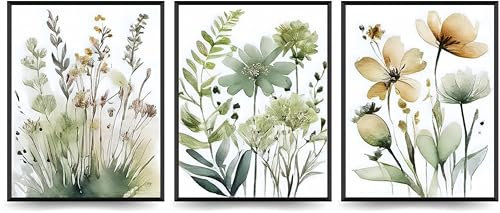 Linilioart Set di 3 stampe artistiche da parete su tela, stile bohémien, minimalista, verde salvia, poster con fiori ad acquerello, immagine per camera da letto, bagno, soggiorno, senza cornice (30 x