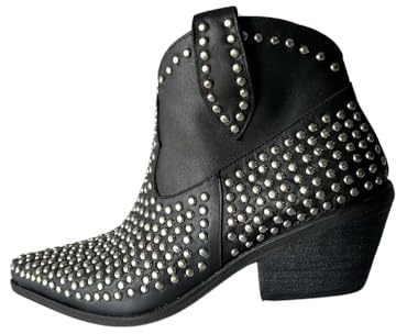 WINNONA JACKIE Studded Western Ankle Boots, Black Leather with Silver Studs, Pointed Toe (BLACK, US Footwear Size System, Adult, Women, Numeric, Medium, 8)