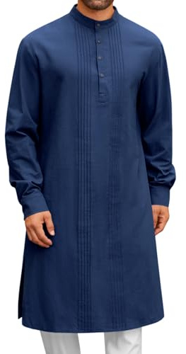 Runcati Mens Kaftan Robe Button Down Long Sleeve Cotton Linen kurta Navy