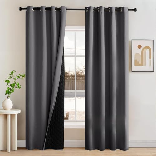NICETOWN Grey Blackout Curtains 84 Inches Long, Thermal Insulated Soundproof Curtains with Black Liner 2 Panels Set for Bedroom, Room Darkening Drapes for Living Room Window (W52 x L84 Inch)