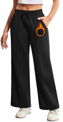 PINSPARK Joggingbyxor, dam, breda ben, sportbyxor, varma fodrade sweatbyxor, elastisk midja, fritidsbyxor, fleece, joggingbyxor med fickor, träningsbyxor, vinter, yogabyxor