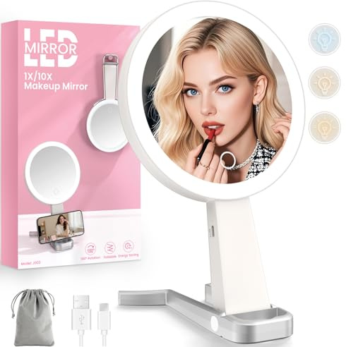 Makeup Mirror with Lights and Magnification, Double-Sided 10X Magnifying Mirror, Portable Lighted Makeup Mirror with 3 Color Lights, Rechargeable Make up Mirror 3 in 1 Tabletop, Handheld, Hanging
