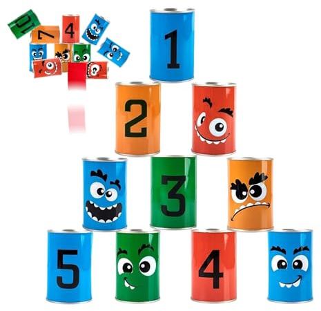 Jonuin Tin Can Alley Game, Tin Can Alley Bean Bags, 10 Fun Smile Knock Down Cans and 3 Beanbags, Bean Bag Toss Game, Halloween Carnival Can Bean Bag Toss Games for Holiday, Birthday, Garden Party