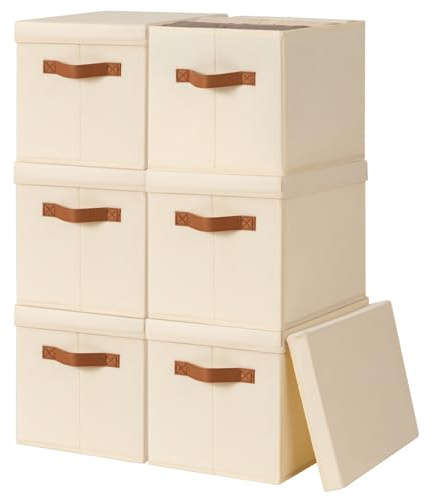 Homsorout Storage Bins with Lids - Fabric Storage Baskets for Shelves, 6 Pack Foldable Decorative Boxes with Handles, Stackable Organizer Bins for Home, Nursery, Dorm, Beige