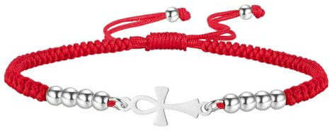 Bracelet Ankh Cross Égyptien fait main en perles tressées Bracelet de cheville pour couple Clé de vie ajustable Croix religieuse Amulette de l'Égypte antique Bijoux Cadeau Femmes Hommes (Argent-noir)