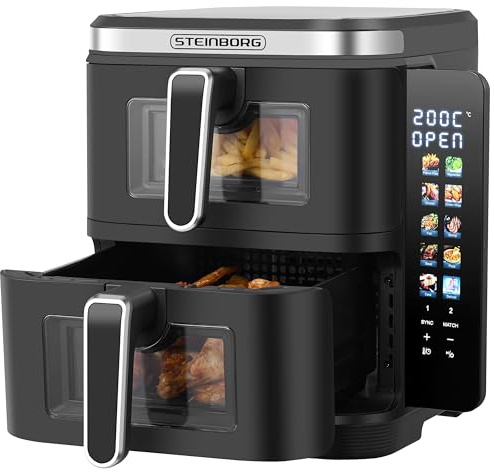 Steinborg® Heissluftfritteuse Doppelkammer 11 Liter Heißluft-Frittieren Heißluftfritteuse 2 vertikale Schubladen 5,5L+5,5L Grillen Backen Dörren Frittieren Friteuse ohne Öl Heißluftofen Heißluftgrill