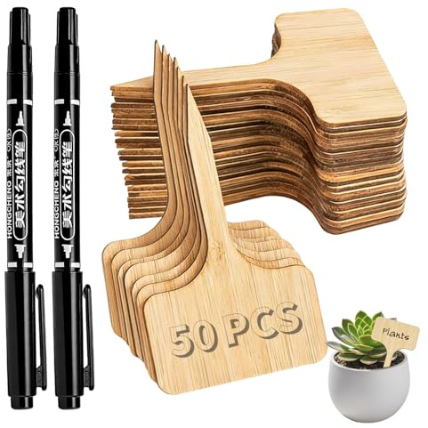 50 Piezas Etiquetas de Bambú para Plantas 10x6cm, Resistentes a la Intemperie, Reutilizables, Incluyen 2 Marcadores, para Flores, Hierbas y Hortalizas