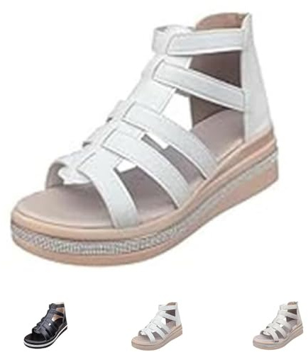 HESYSUAN Sandalias de cuña con diamantes de imitación, sandalias de gladiador para mujer, estilo casual, con cremallera lateral, espalda hueca, con cremallera, White, 38 EU