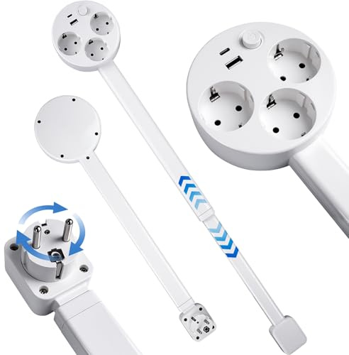 YYSWSAKY Regleta Extensible y Giratoria 360° 47-67cm 3 Tomas Schuko + Puertos USB e Interruptor, Enchufe Plano para Detrás de Muebles, Pararrayos Protección Surtensión, Enchufe CEE 7/7