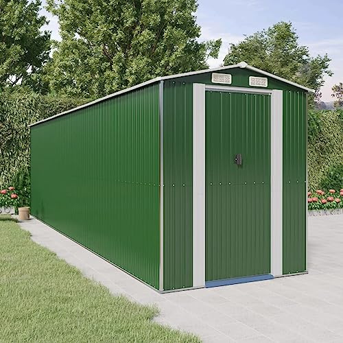 Utrustningsskjul grön av galvaniserat stål 192 x 689 x 223 cm, väderbeständig med gott om lagringsutrymme, dubbla skjutdörrar för trädgårdshus, verktygsskjul, låsbara och robusta för utomhusbruk